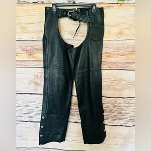 Xpert Men’s Vintage Black Genuine Zip Snap Sides Leather Moto Chaps Pants